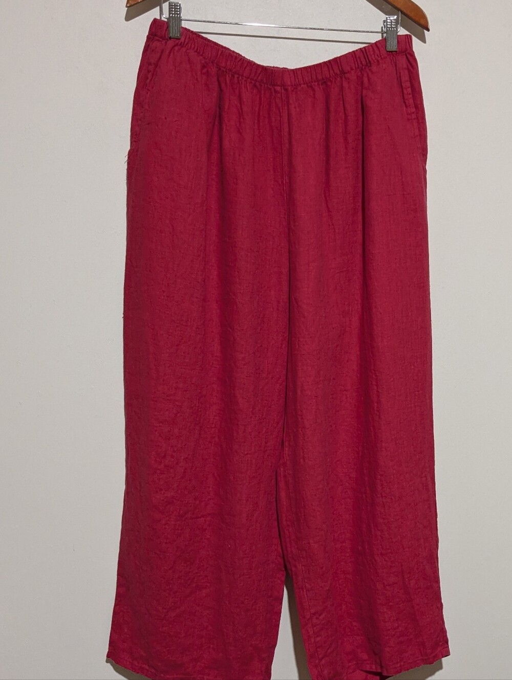 FLAX Bright Pink Linen L Capri Wide Leg Pants Linen Pocket Comfortable